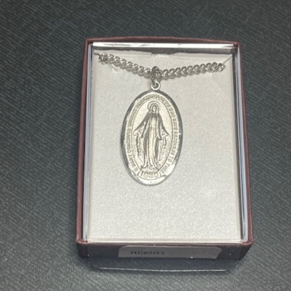 Miraculous Prayer Medal Pendant 24" Chain Rhodium Finish NEW IN BOX - Picture 7 of 7